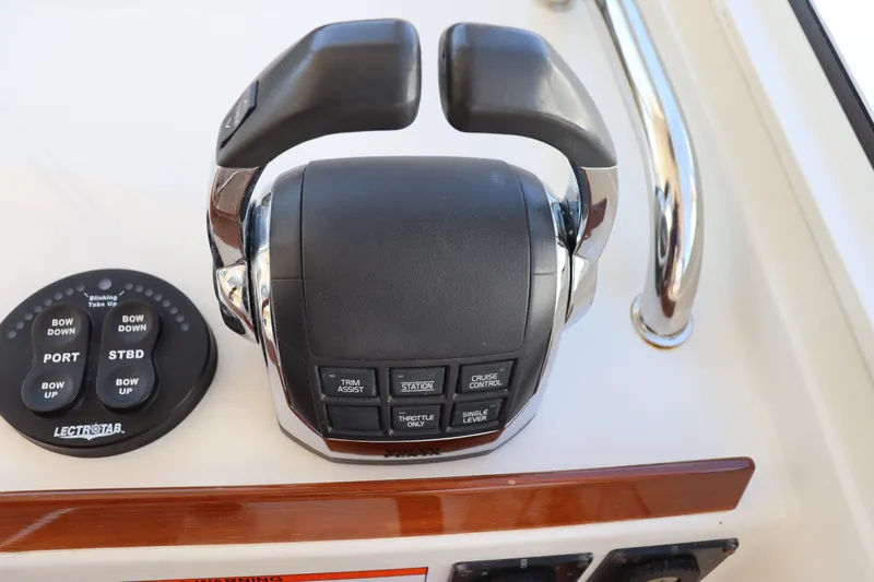 Rambler VIII Yacht Photos Pics Throttle controls on 2013 MJM 36z Downeast boat dashboard.