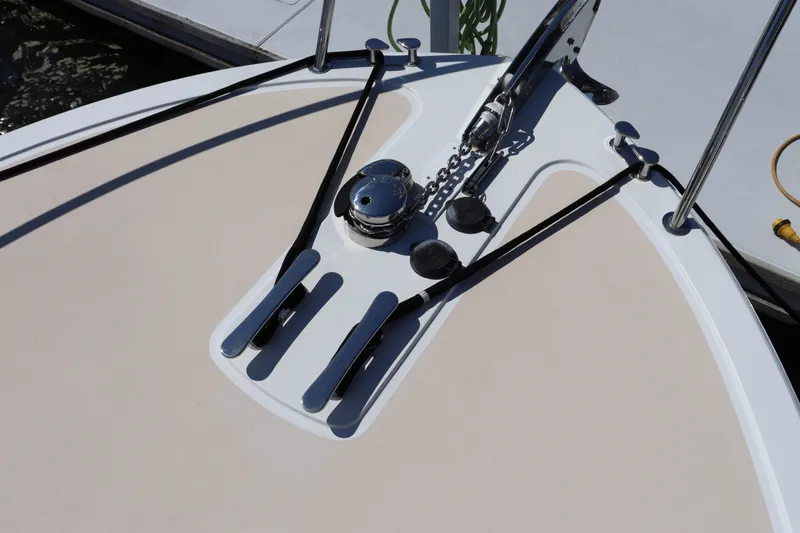 Rambler VIII Yacht Photos Pics 2013 MJM 36z Downeast boat deck with anchor chain and cleats.