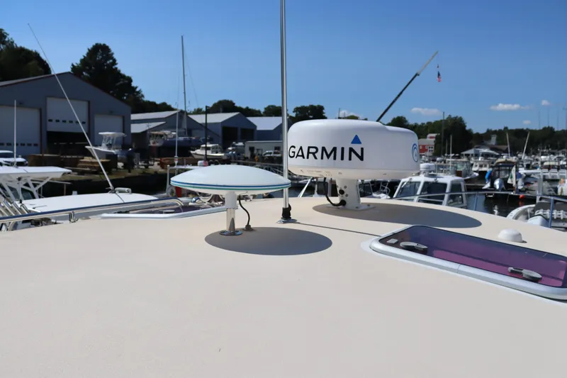 Rambler VIII Yacht Photos Pics 2013 MJM 36z Downeast boat with Garmin radar at marina.