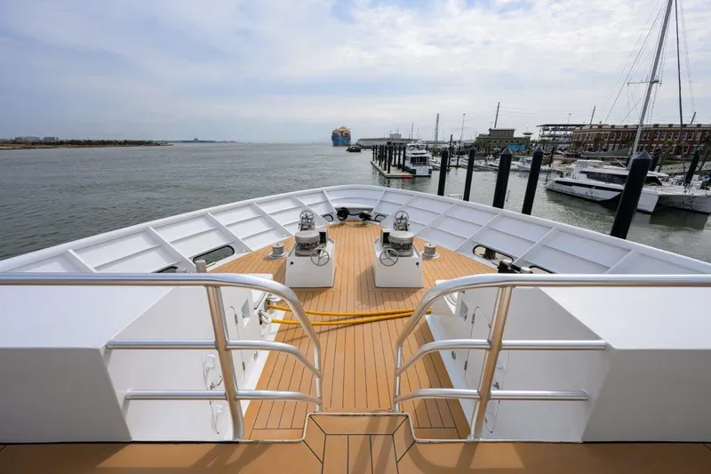 Compass Rose Yacht Photos Pics Bow view of 2011 C & G Boatworks Explorer yacht docked in a marina.