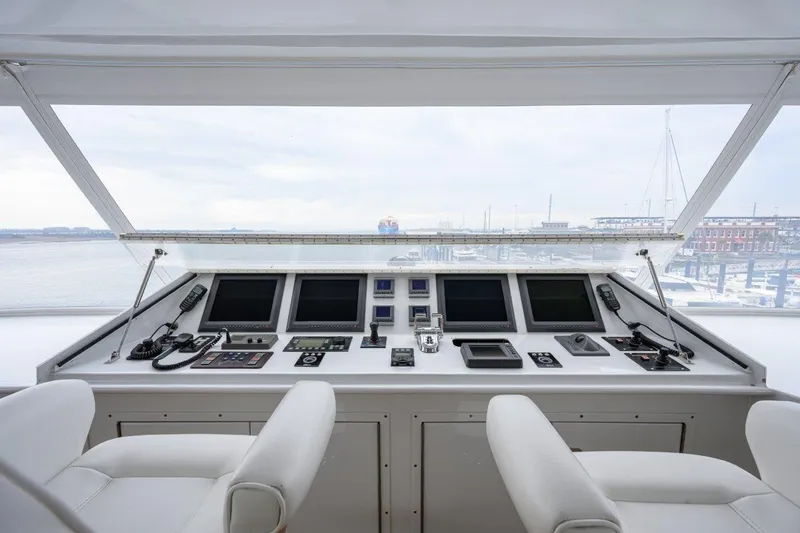 Compass Rose Yacht Photos Pics Control panel of 2011 C & G Boatworks Explorer, featuring navigation screens and communication devices.