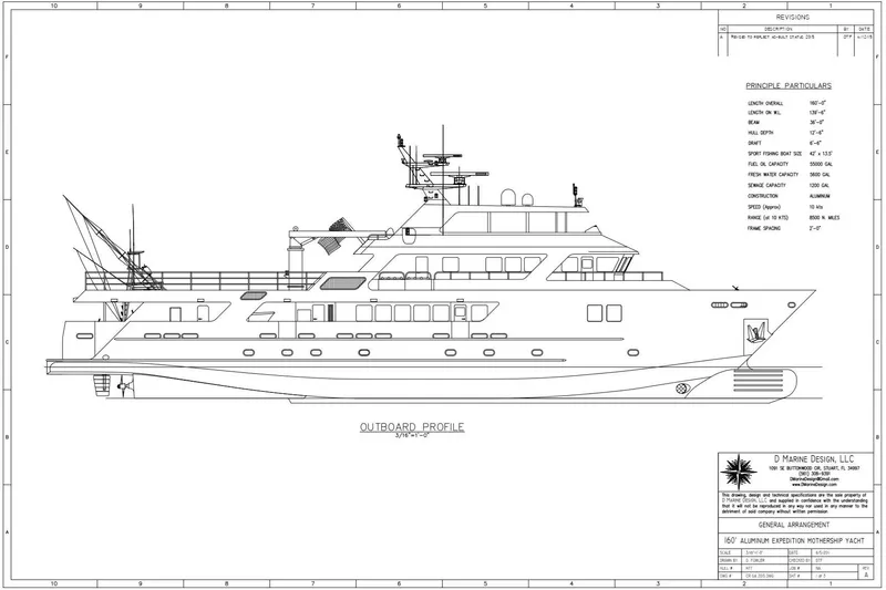 Compass Rose Yacht Photos Pics Blueprint of 2011 C & G Boatworks Explorer yacht, detailed side profile and specifications.