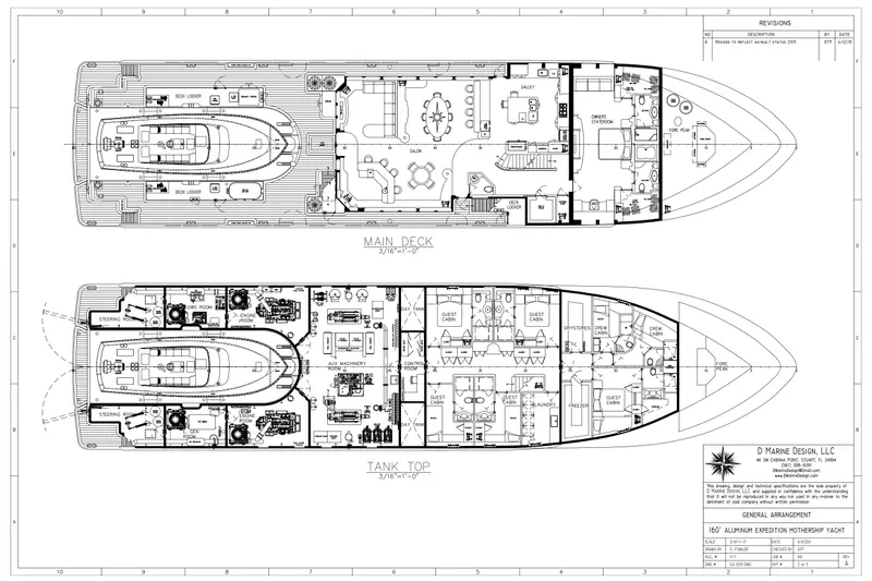 Compass Rose Yacht Photos Pics Blueprint of 2011 C & G Boatworks Explorer yacht, showing main and tank top deck layouts.