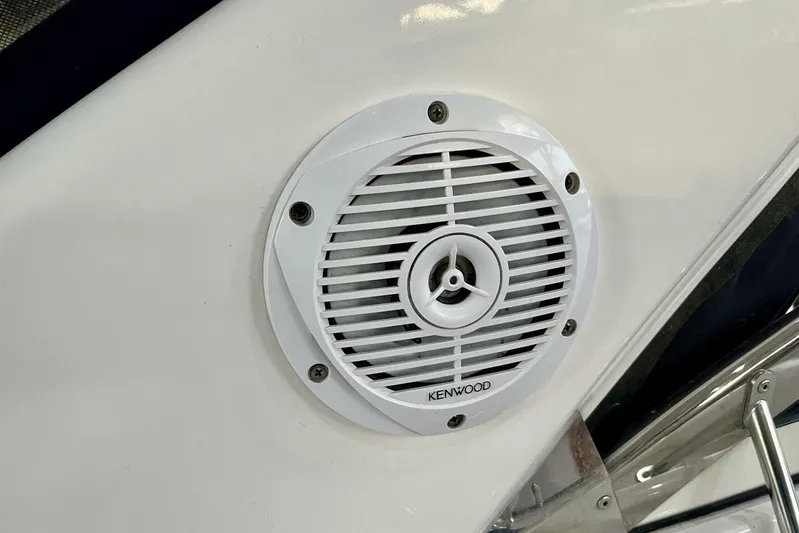  Yacht Photos Pics Kenwood speaker on 2008 Regal Commodore 3760 IO boat, white exterior detail.