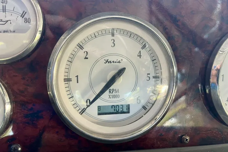  Yacht Photos Pics Close-up of 2008 Regal Commodore 3760 IO tachometer displaying RPM.