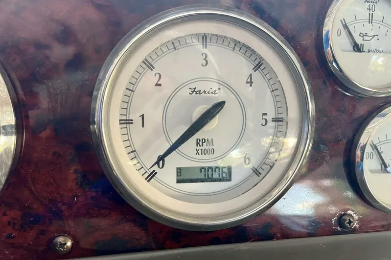  Yacht Photos Pics Close-up of 2008 Regal Commodore 3760 IO tachometer showing RPM and digital display.