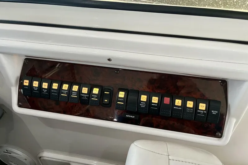  Yacht Photos Pics Control panel of 2008 Regal Commodore 3760 IO boat with labeled switches.