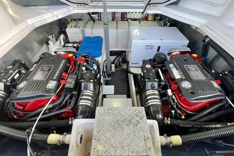  Yacht Photos Pics Engine room of 2008 Regal Commodore 3760 IO with dual Volvo Penta engines.