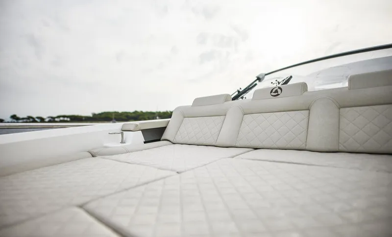  Yacht Photos Pics Luxurious seating on 2024 Skamander Sorrento boat with quilted upholstery.
