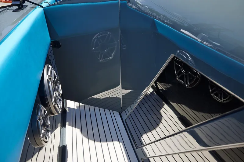  Yacht Photos Pics 2022 Midnight Express 43' Solstice boat interior with sleek design and modern speakers.