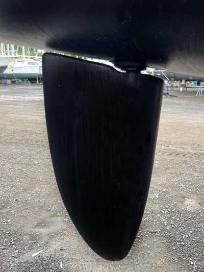 Majestic Yacht Photos Pics Close-up of a 1999 St Francis 44 MKII rudder on dry land.