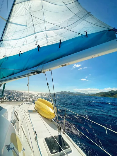 Majestic Yacht Photos Pics Sailing on a 1999 St Francis 44 MKII catamaran with vibrant blue sails and ocean view.