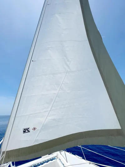 Majestic Yacht Photos Pics Sailing on a 1999 St Francis 44 MKII catamaran with white sails against a clear blue sky.