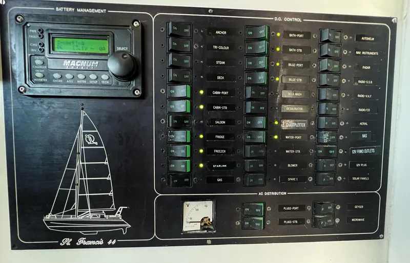 Majestic Yacht Photos Pics Control panel of a 1999 St Francis 44 MKII yacht with battery management system.
