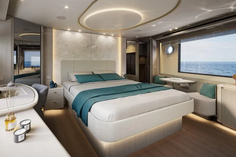  Yacht Photos Pics Luxurious bedroom interior of 2026 Absolute Navetta 66 yacht with ocean view.