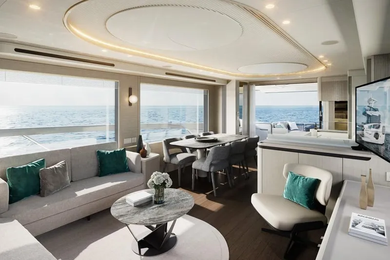  Yacht Photos Pics Luxurious interior of 2026 Absolute Navetta 66 yacht with ocean view and modern furnishings.