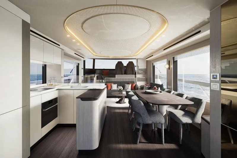  Yacht Photos Pics Luxurious interior of 2026 Absolute Navetta 66 yacht with modern kitchen and dining area.