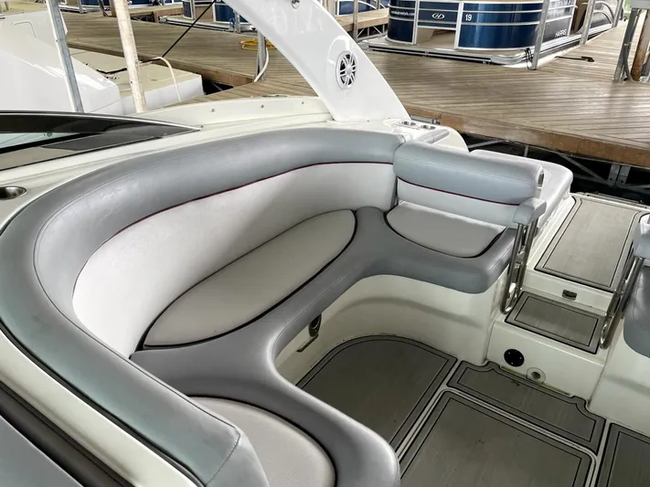 New Engines 2021 Yacht Photos Pics Luxurious seating area on a 2005 Cobalt 360 boat, featuring sleek gray upholstery.