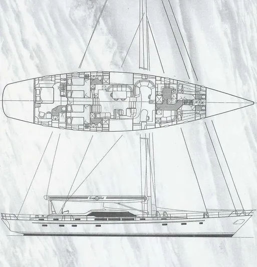 Sorcerer II Yacht Photos Pics Blueprint of 1998 Cookson Frers yacht, showcasing detailed interior and exterior design.
