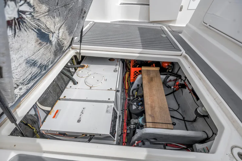  Yacht Photos Pics Engine compartment of 2007 Meridian 459 Motoryacht, showcasing mechanical components and wiring.