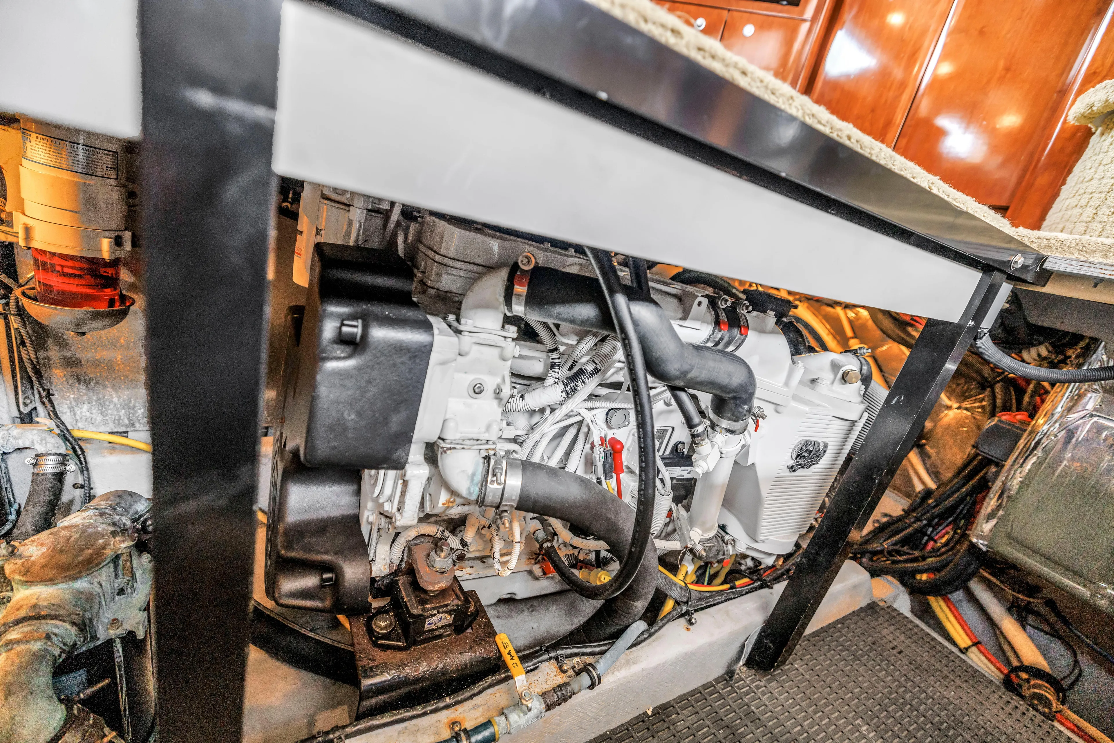  Yacht Photos Pics Engine room of 2007 Meridian 459 Motoryacht, showcasing detailed mechanical components.