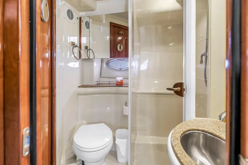  Yacht Photos Pics Luxurious bathroom in 2007 Meridian 459 Motoryacht with modern fixtures and elegant design.