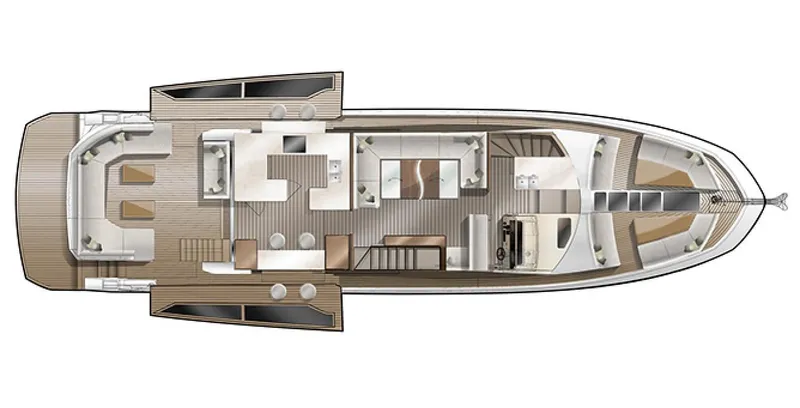 Gold Star Yacht Photos Pics Top view layout of 2020 Galeon 640 Fly yacht, showcasing interior design and deck arrangement.