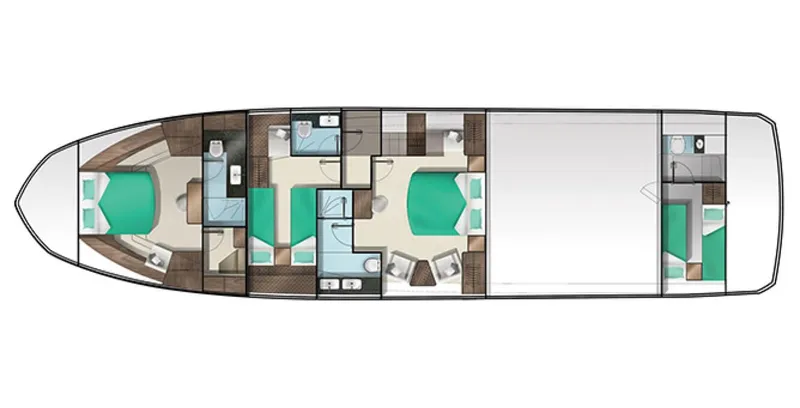 Gold Star Yacht Photos Pics Floor plan of 2020 Galeon 640 Fly yacht, featuring multiple cabins and bathrooms.