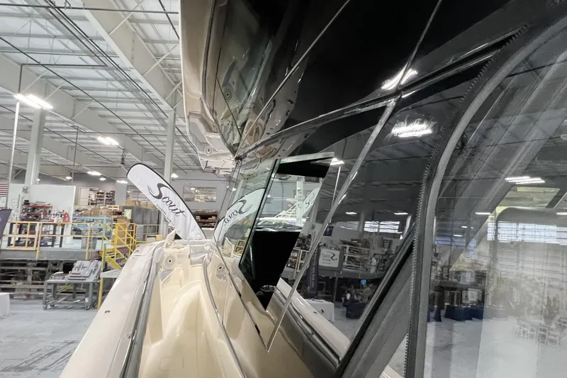  Yacht Photos Pics 2025 Scout 530 LXF yacht in a modern factory setting, showcasing sleek design.
