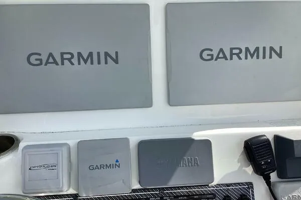 Yacht Photos Pics Control panel of 2021 Tidewater 280 CC Adventure with Garmin and Yamaha equipment.