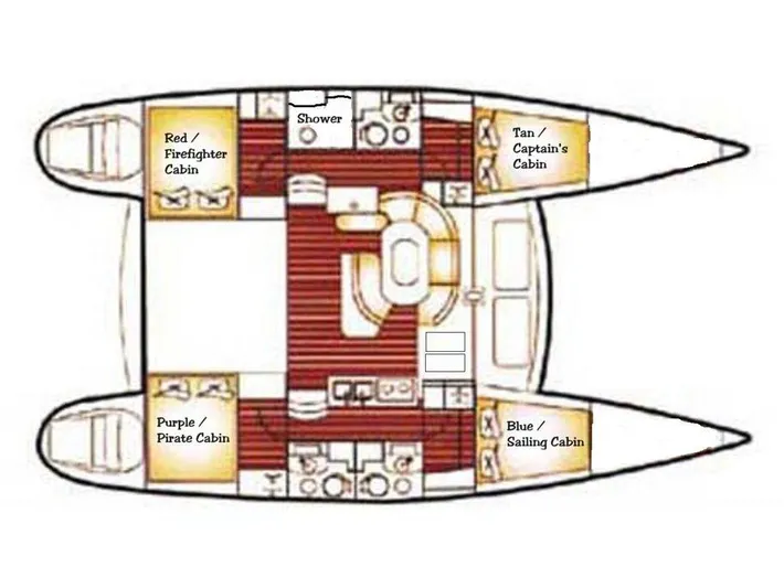 Guiding Light Yacht Photos Pics Floor plan of a 1997 Lagoon 410 catamaran with labeled cabins and shower.