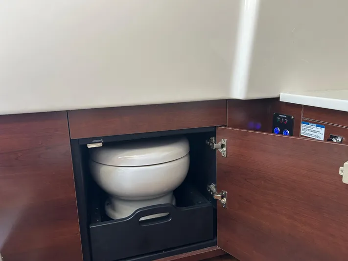  Yacht Photos Pics 2023 Chaparral 300 OSX boat interior with a concealed marine toilet in a wooden cabinet.