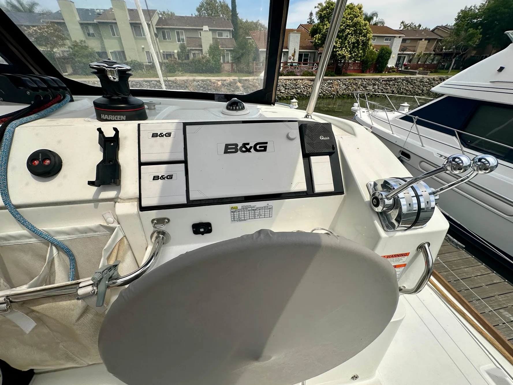 Helm of 2020 Lagoon 40 catamaran with B&G navigation system and controls.