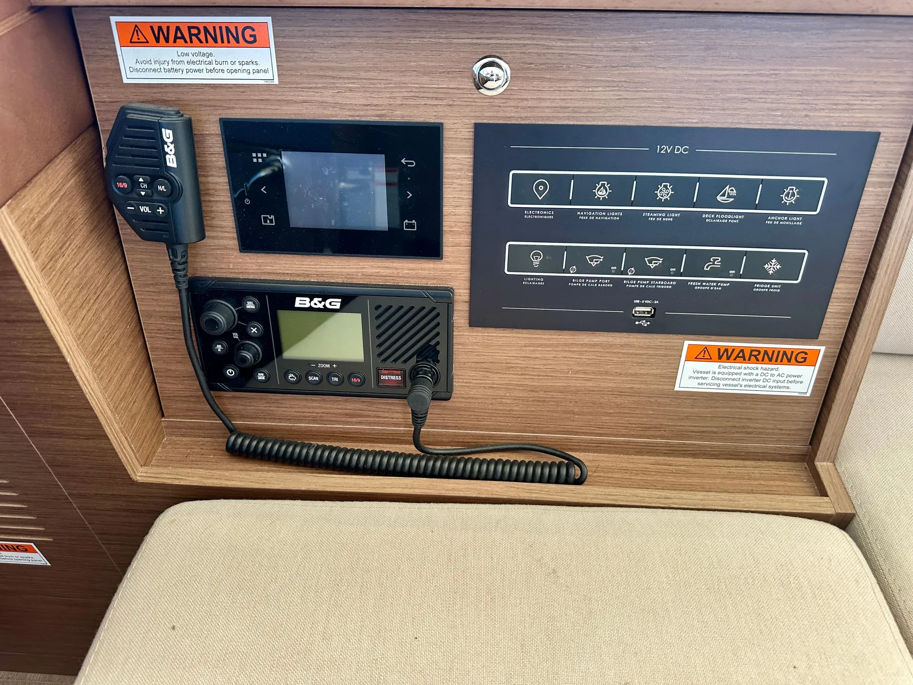 Control panel of a 2020 Lagoon 40 catamaran with B&G marine equipment.
