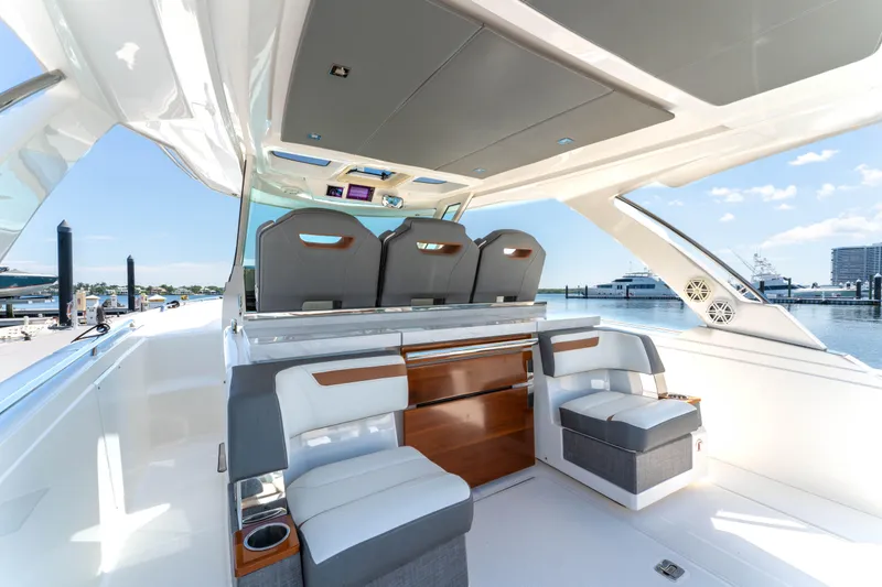 La Dolce Vita Yacht Photos Pics 2020 Tiara Yachts 38 LS interior with luxurious seating and modern design.