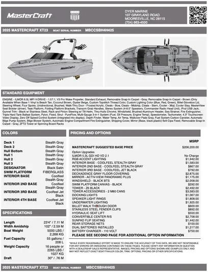  Yacht Photos Pics 2025 MasterCraft XT23 boat specifications and pricing details sheet.