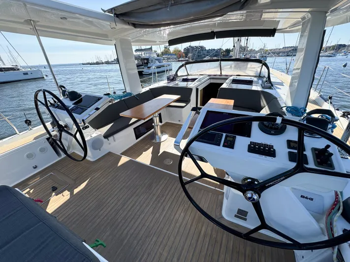  Yacht Photos Pics 2019 Hanse 588 yacht cockpit with dual steering wheels and spacious seating area.