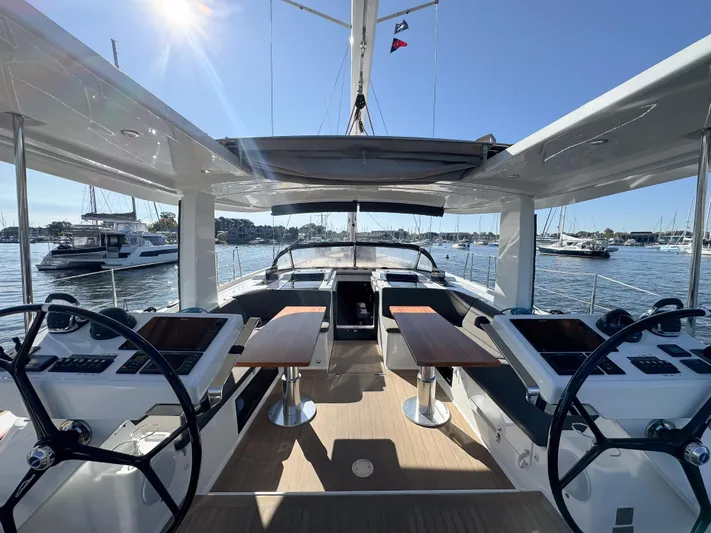  Yacht Photos Pics 2019 Hanse 588 yacht cockpit with dual steering wheels and marina view.