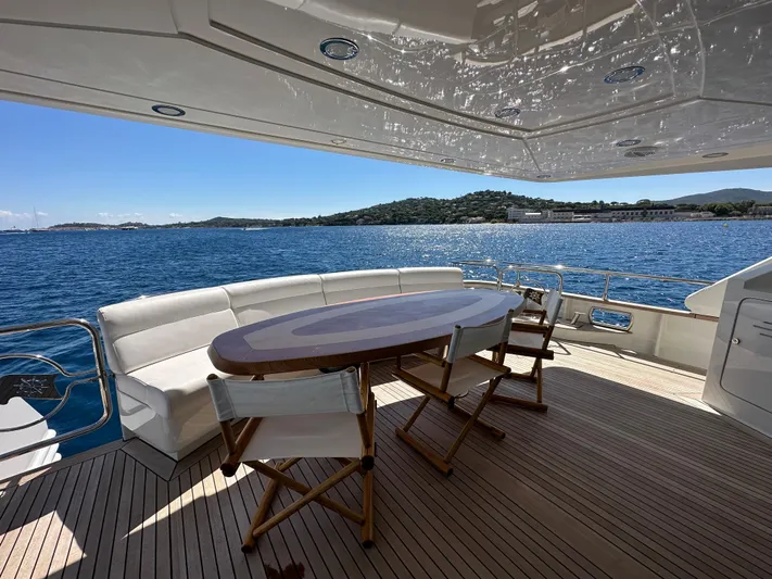 Lady Moh Yacht Photos Pics Luxury deck of 2002 Bugari 95 yacht with ocean view and seating area.