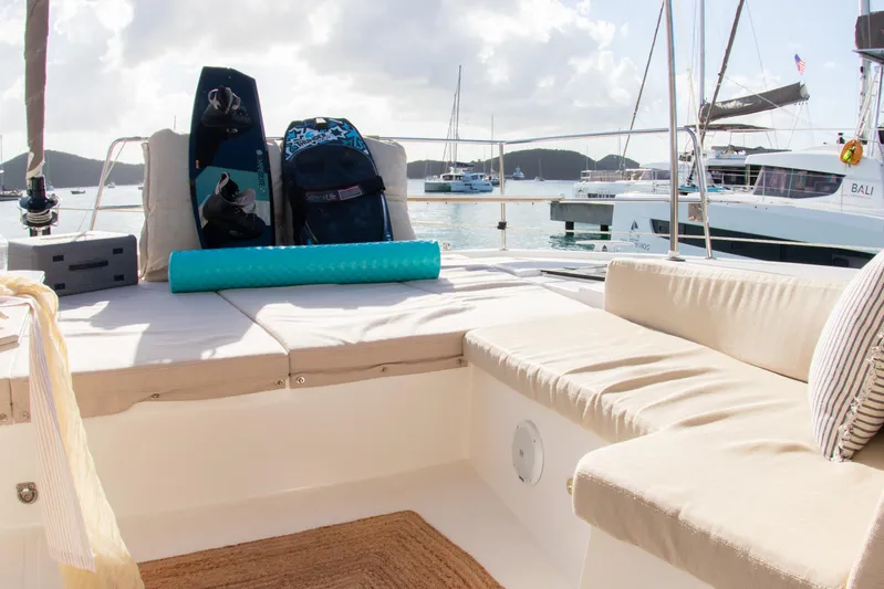  Yacht Photos Pics Luxurious Bali 4.8 yacht deck with seating, wakeboard, and gear, 2021 model.