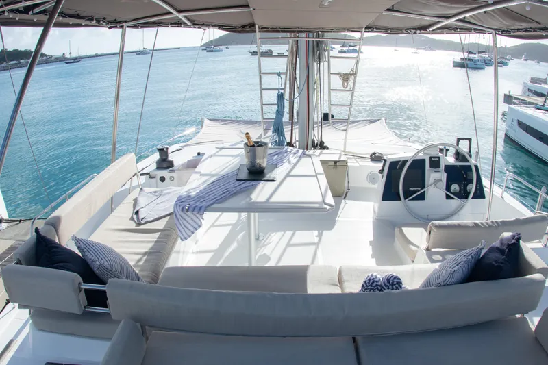  Yacht Photos Pics Luxurious Bali 4.8 catamaran deck, 2021 model, with elegant seating and ocean view.