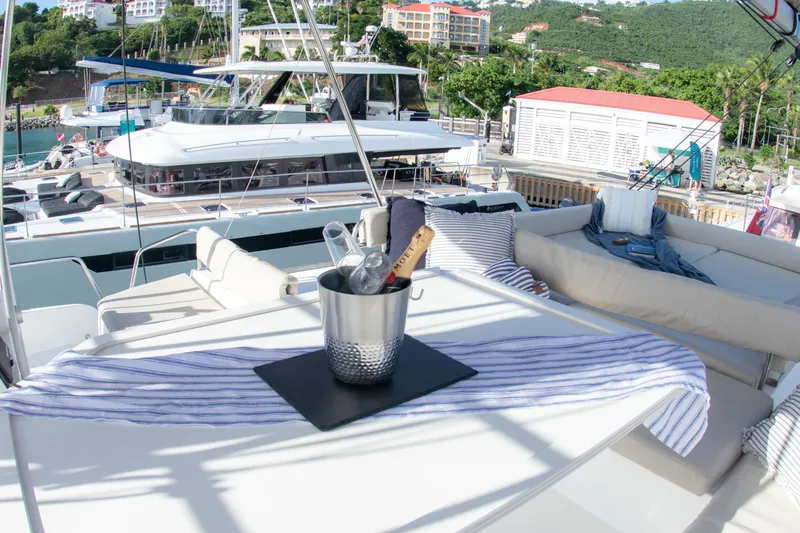  Yacht Photos Pics Luxury Bali 4.8 yacht deck with champagne bucket, marina view, 2021 model.