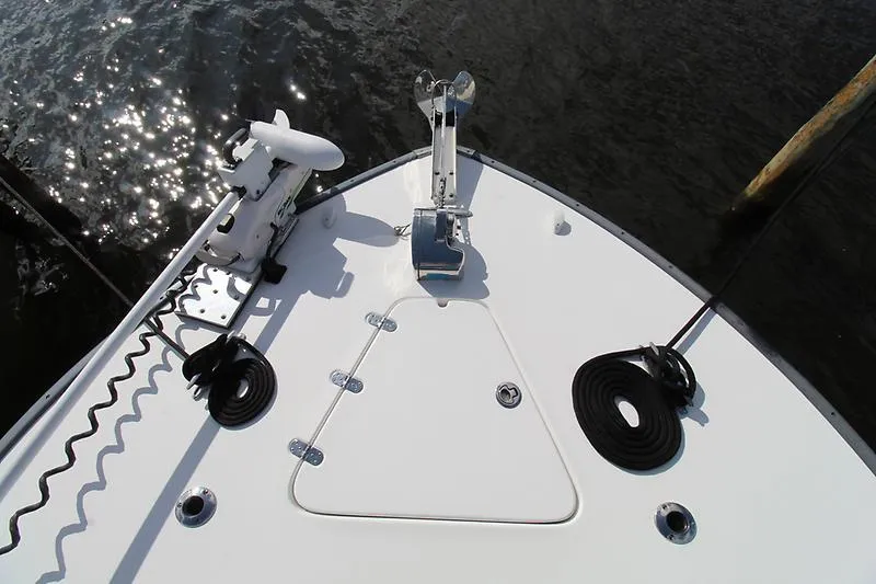  Yacht Photos Pics Bow of 2022 Cape Horn 36 XS boat with anchor and coiled ropes.