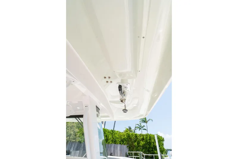  Yacht Photos Pics 2021 Intrepid 407 Panacea boat underside view with sleek white finish.