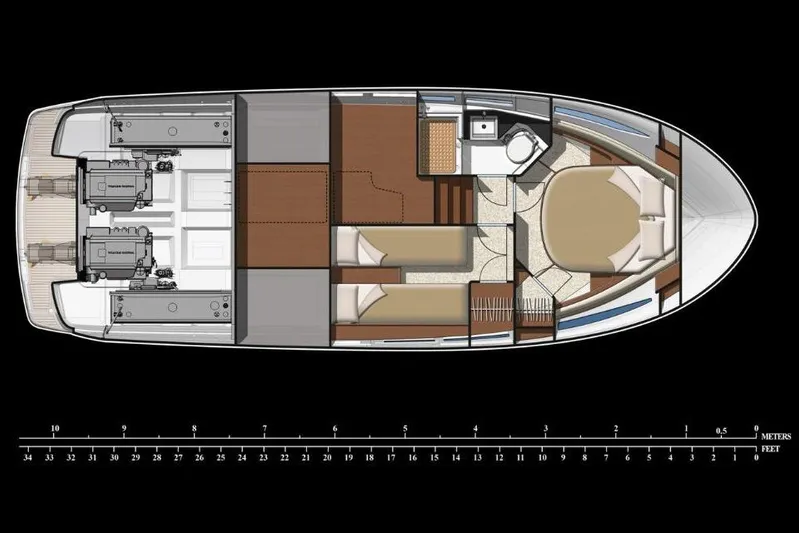  Yacht Photos Pics Floor plan of a 2015 Jeanneau NC11 boat, showing interior layout and engine placement.