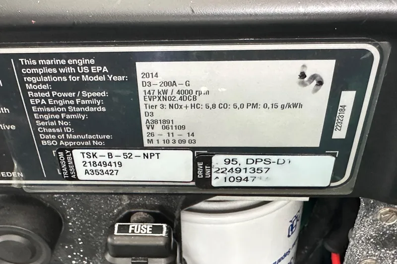  Yacht Photos Pics Label on a 2015 Jeanneau NC11 marine engine, showing compliance and specifications.