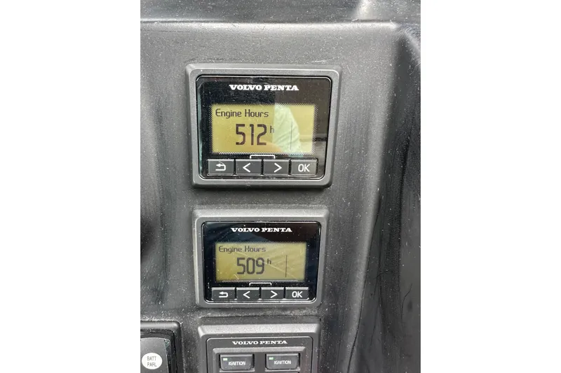  Yacht Photos Pics Volvo Penta engine hour meters showing 512 and 509 hours on Jeanneau NC11, 2015 model.