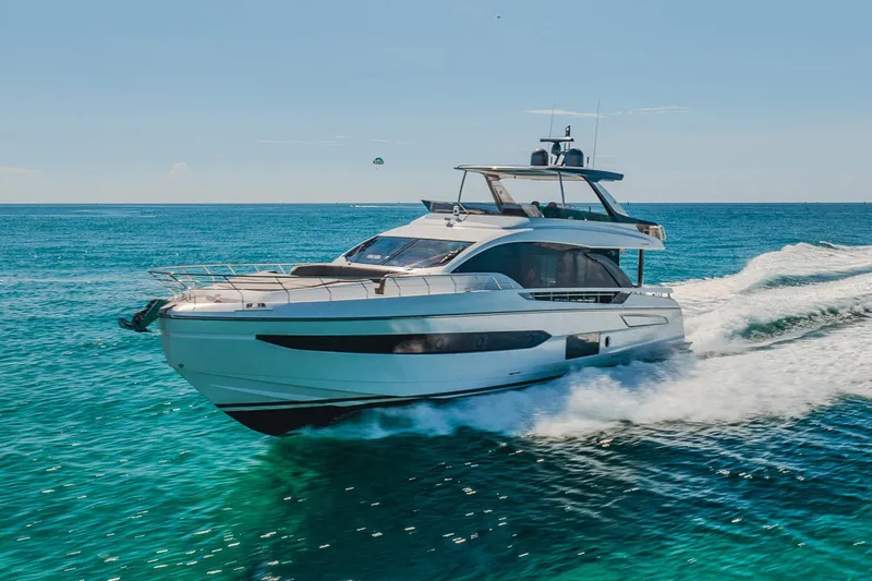 Transcendence Yacht Photos Pics Azimut 78 Flybridge 2020 yacht cruising on clear blue ocean waters.