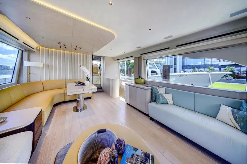 Transcendence Yacht Photos Pics Luxurious interior of 2020 Azimut 78 Flybridge yacht with elegant seating and modern decor.