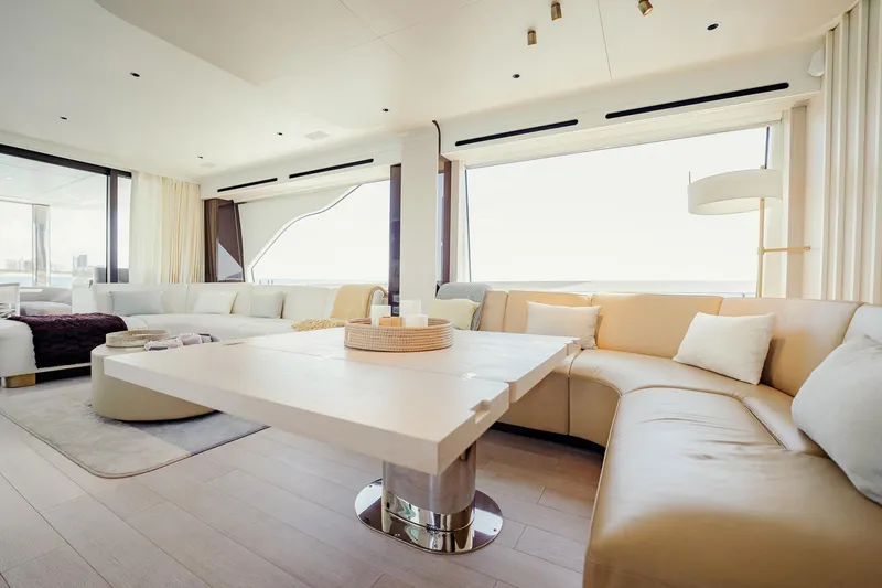 Transcendence Yacht Photos Pics Luxurious interior of 2020 Azimut 78 Flybridge yacht with elegant seating and modern decor.